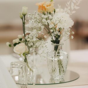 Kerzenhalter, Vase, Spiegelplatte, Holzscheibe, Serviettenring, Glas, gold