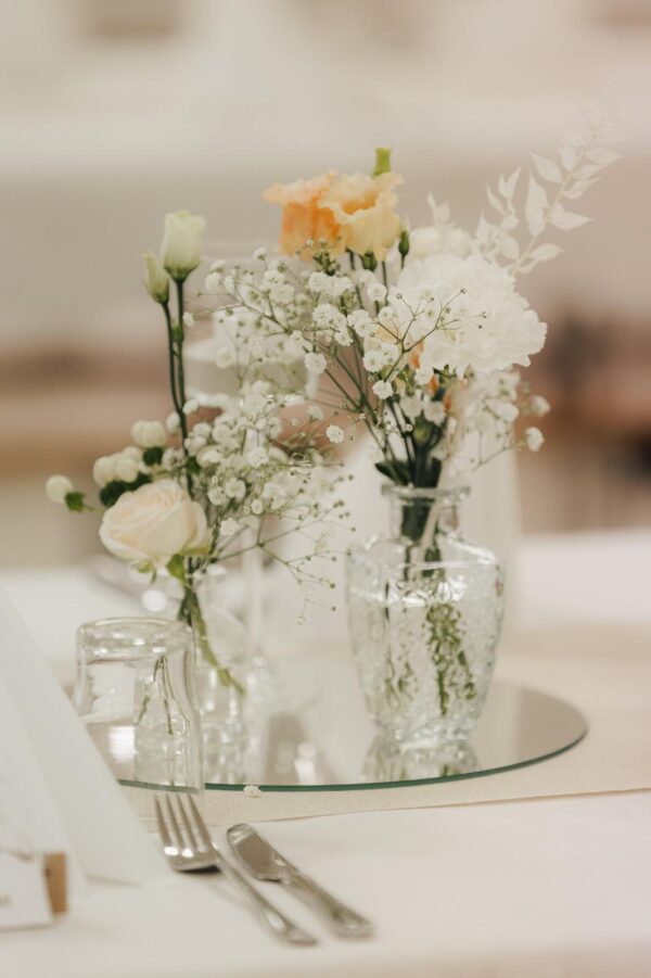 Kerzenhalter, Vase, Spiegelplatte, Holzscheibe, Serviettenring, Glas, gold